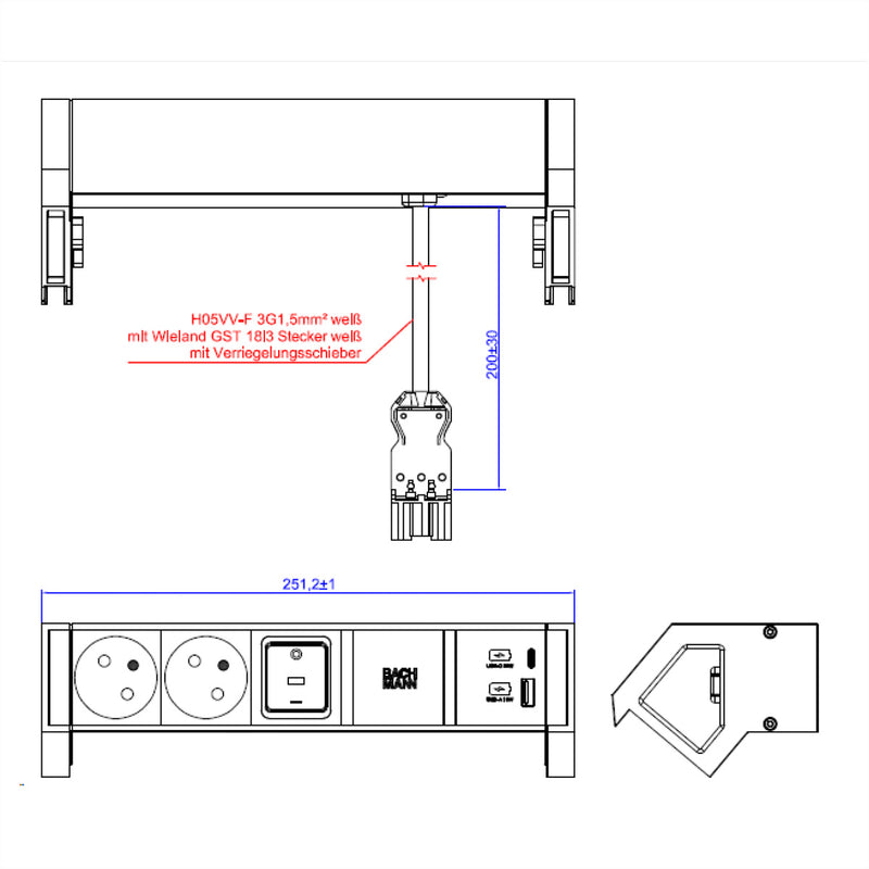 Bachmann DESK 2 Steckdosenleiste – USB-Ladegerät, Schalter
