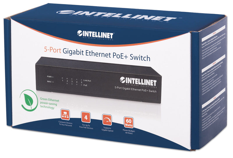 INTELLINET 5-Port PoE+ Switch – Gigabit Ethernet, 60W Leistung