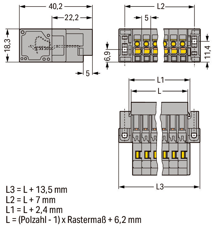 WAGO Buchsengehäuse-Kabel – 5-polig, 5 mm Rastermaß
