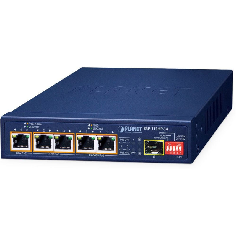 Planet Technology 5-Port Netzwerk-Switch – Hybrid PoE für Solar-Anlagen