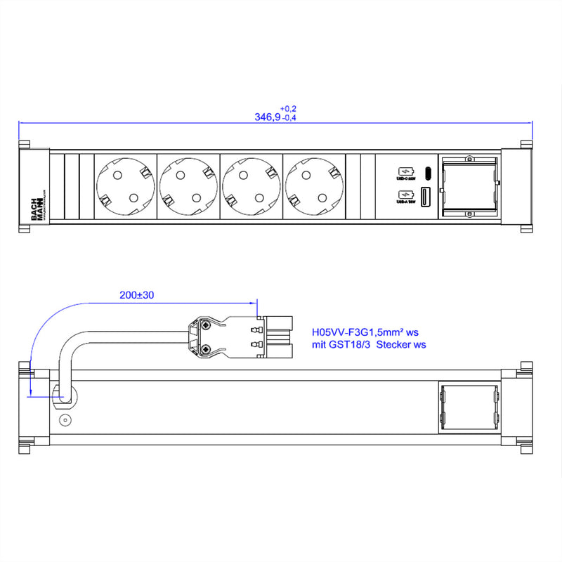 Bachmann Tischsteckdose – 4 Steckplätze, USB-A/C Ladeoption
