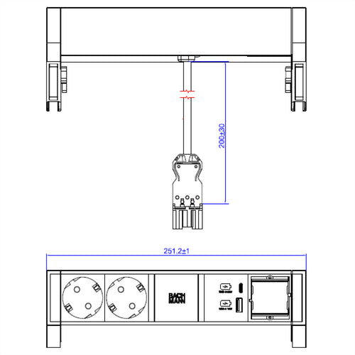 Bachmann Steckdosenleiste – 2 USB-Anschlüsse, Aluminiumgehäuse