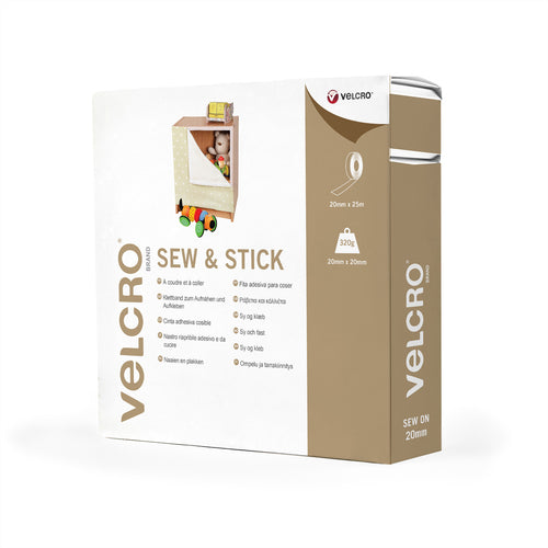 VELCRO Klettband – Aufnähen & Aufkleben, 20mm x 25m, Weiß