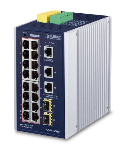 Planet Technology 16-Port PoE Switch – Gigabit, für DIN-Schiene
