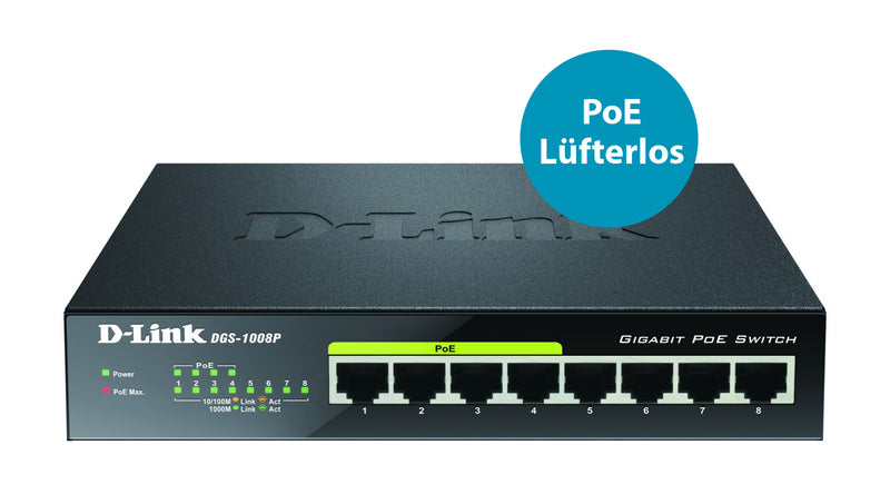 D-Link 8-Port Switch – 4 PoE-Anschlüsse, Gigabit-Geschwindigkeit