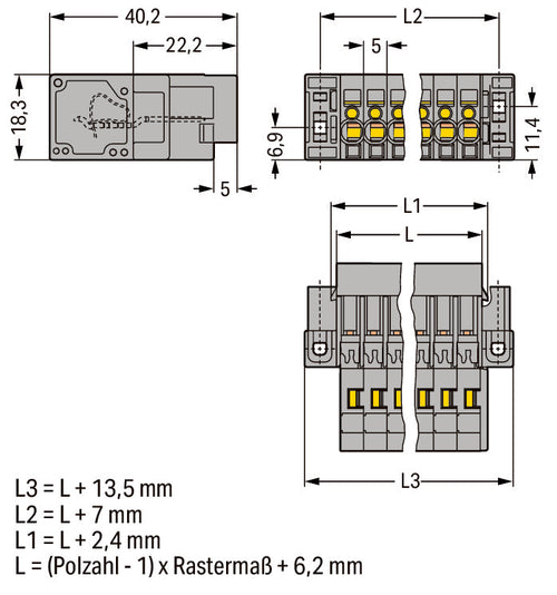 WAGO Buchsengehäuse-Kabel – 5-polig, 5 mm Rastermaß