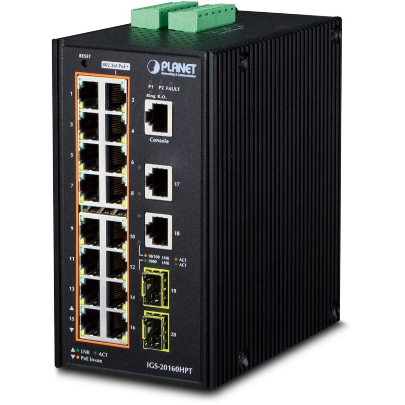 Planet Technology 16-Port PoE Switch – Gigabit, für DIN-Schiene